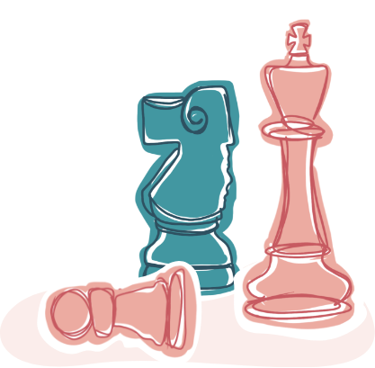 Drei Schachfiguren: roter König, grüner Springer, roter Bauer.
