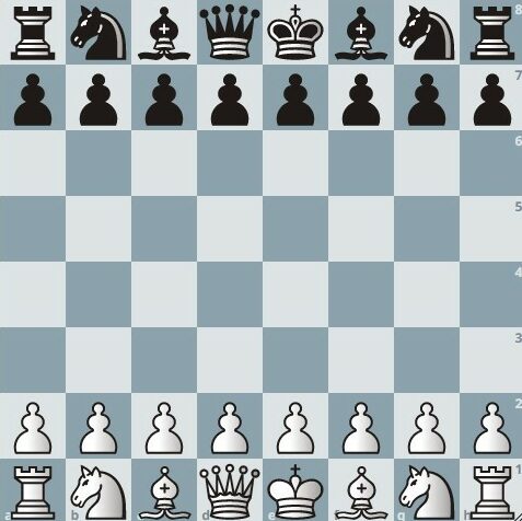 Schachbrett mit allen weißen und schwarzen Schachfiguren in der Grundstellung.