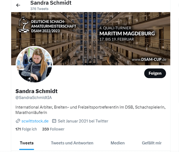 Twitter Account der Schach Schiedsrichterin Sandra Schmidt